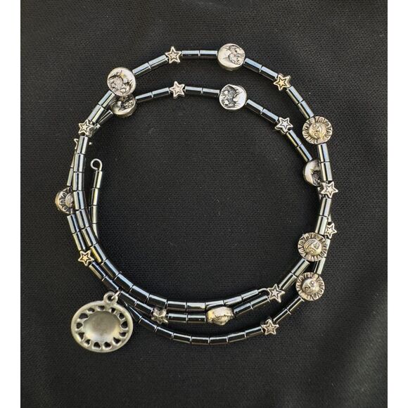 Sterling Silver & Hematite Sun/Moon Charm Wire Bracelet - Picture 3 of 3